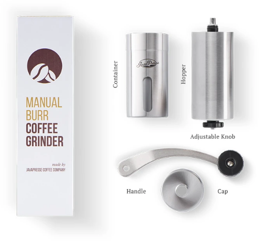 Coffee bur grinder physically laid out in components